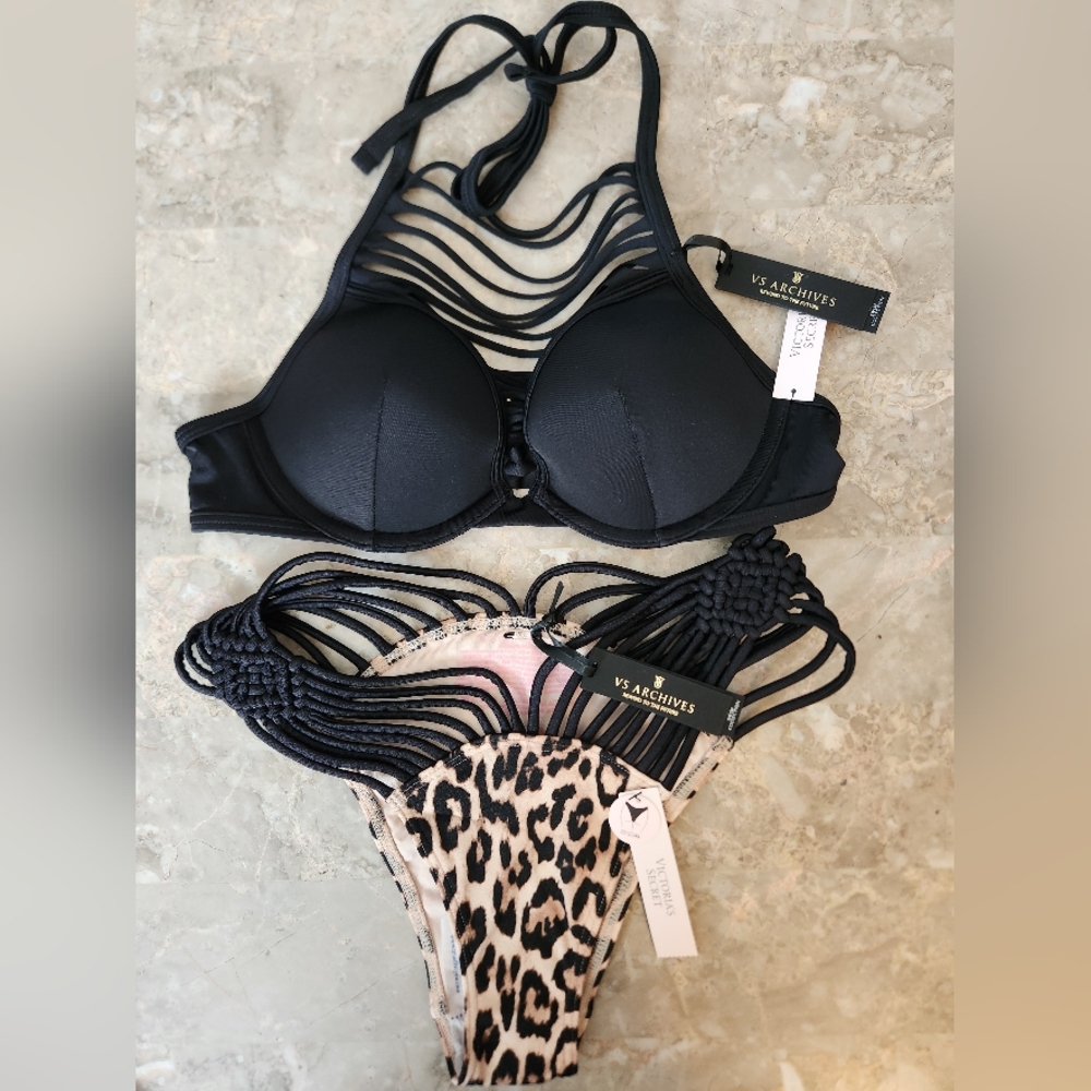 32A/XS VS Archives Swim Sexy Tee Macrame Brazilian Bikini Set Black Leopard